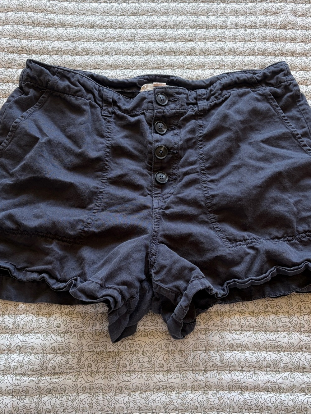 LOFT Black High-Rise Button-Front Ruffle Hem Shorts
